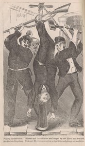 Rétribution effrayante, voleurs et incendiaires pendus par les talons et assommés, extrait de The Great Fires of Chicago par George L. Barclay, 1872 - American School